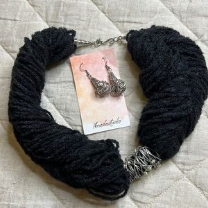Black Fiber braided necklace with silver wrap and complimentary wire earrings